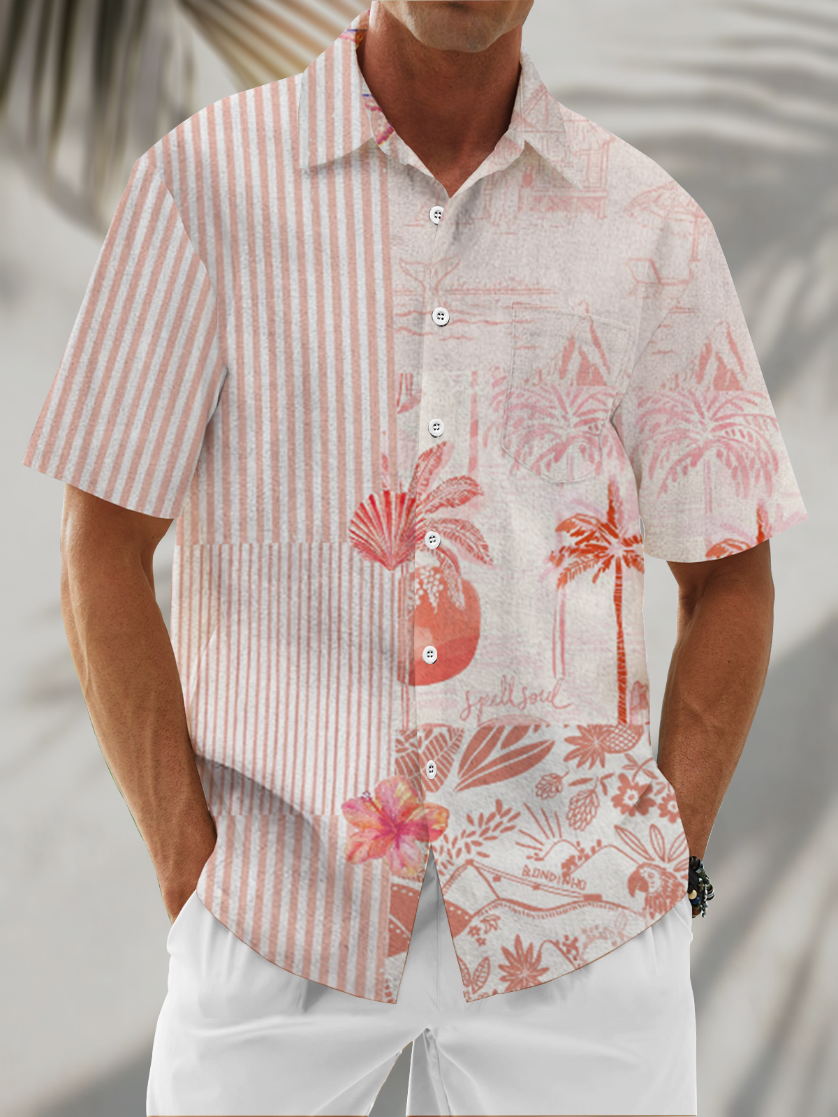 Moisture Wicking Striped Coconut Palm Leaf Chest Pocket Hawaiian Shirt
