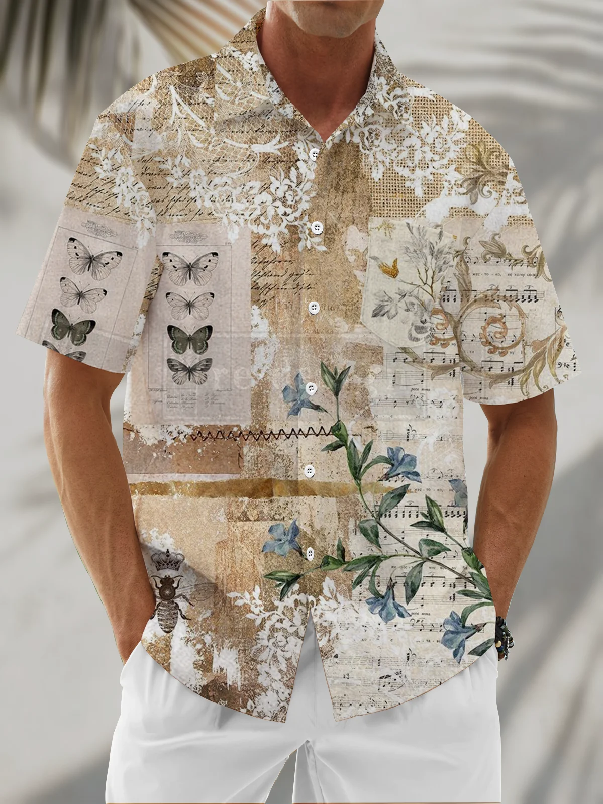 Moisture Wicking Gradient Floral Butterfly Chest Pocket Hawaiian Shirt