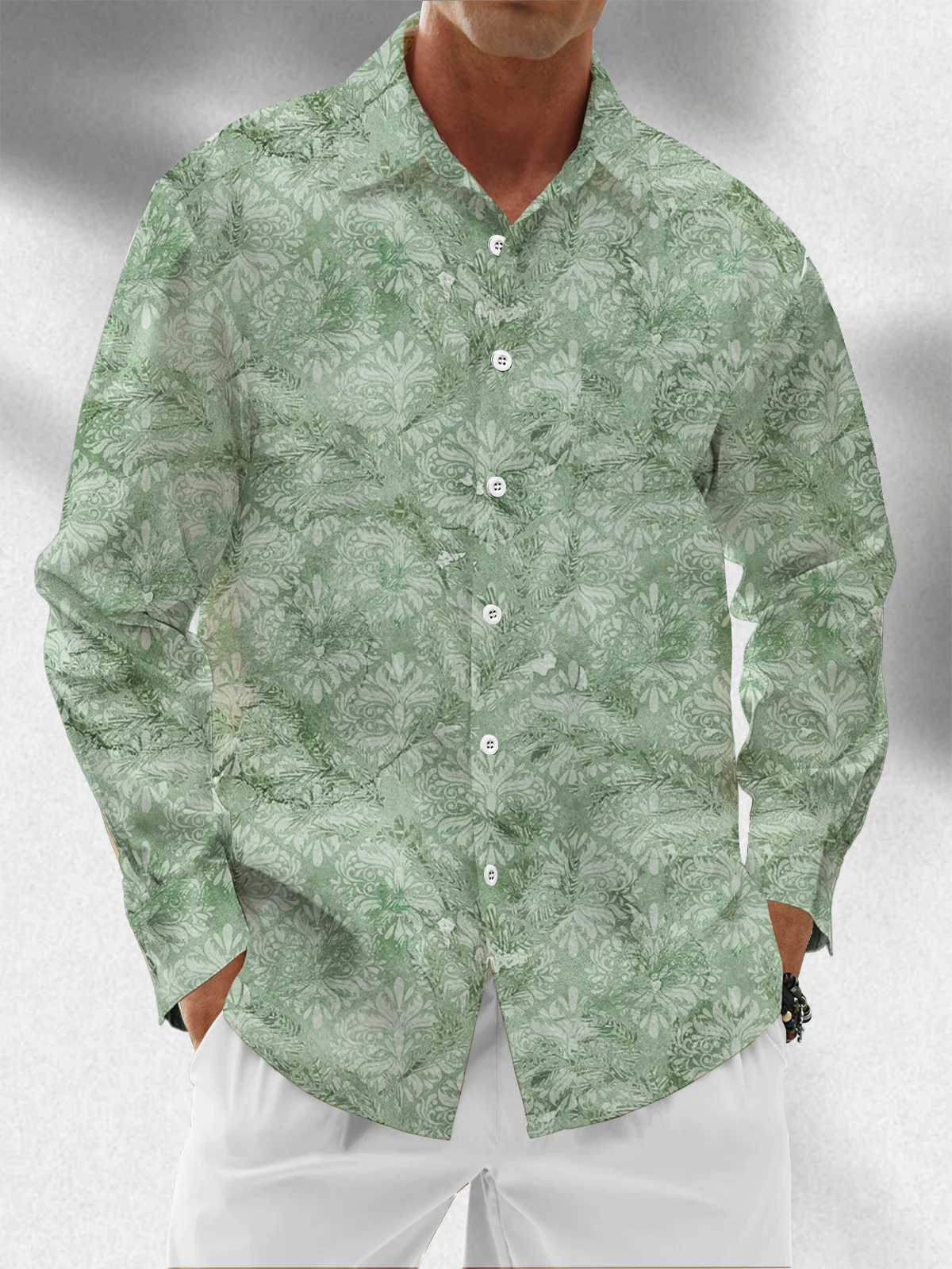 Moisture Wicking Botanical Chest Pocket Hawaiian Long Sleeve Shirt