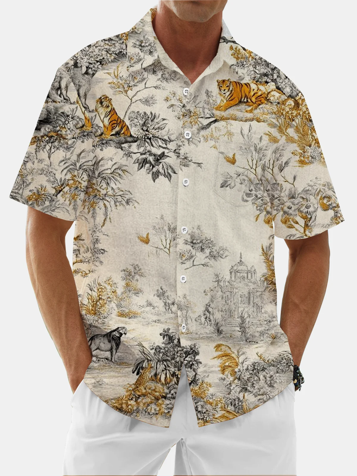 Moisture Wicking Plant Leaf Tiger Chest Pocket Hawaiian Shirt