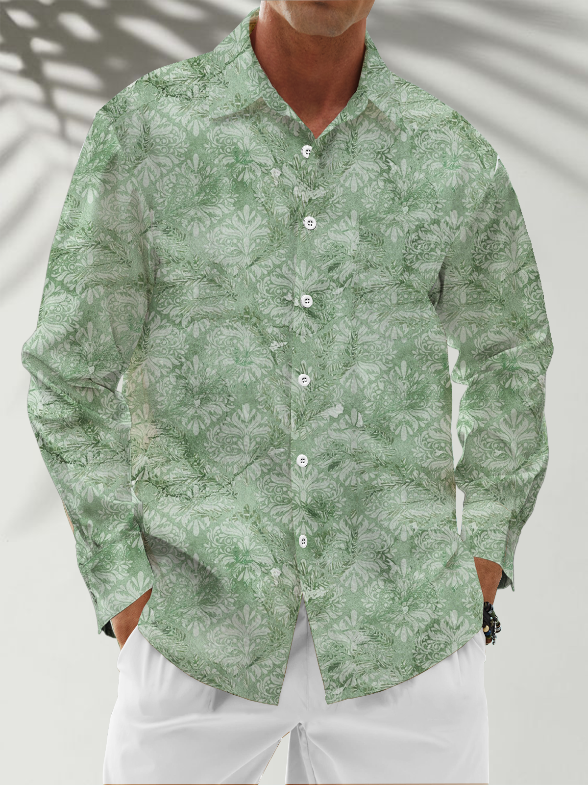 Moisture Wicking Botanical Chest Pocket Hawaiian Long Sleeve Shirt