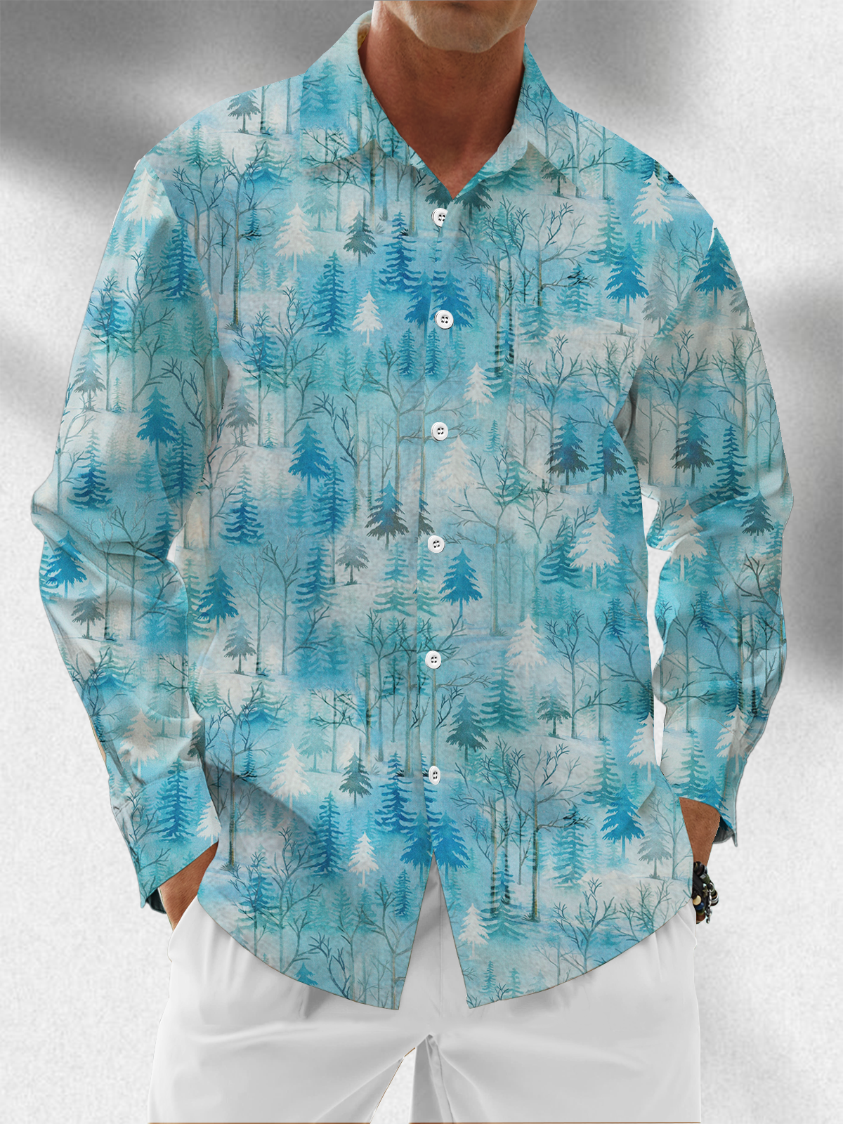 Moisture Wicking Christmas Tree Chest Pocket Hawaiian Long Sleeve Shirt
