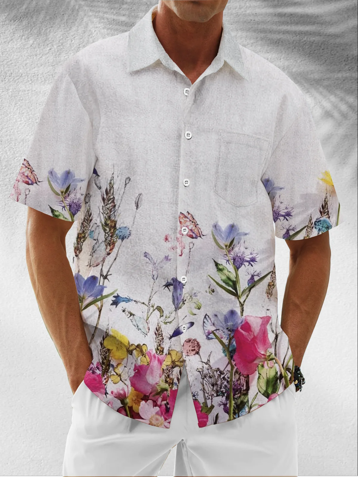 Moisture Wicking Floral and Botanical Leaves Chest Pocket Hawaiian Shirt