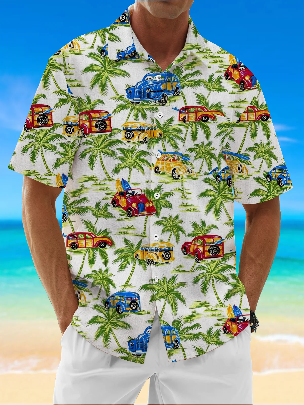 Moisture Wicking Coconut Tree Vintage Car Chest Pocket Hawaiian Shirt