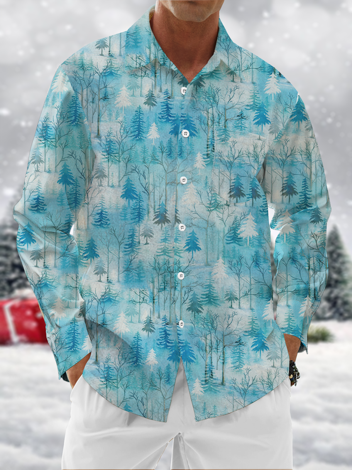 Moisture Wicking Christmas Tree Chest Pocket Hawaiian Long Sleeve Shirt