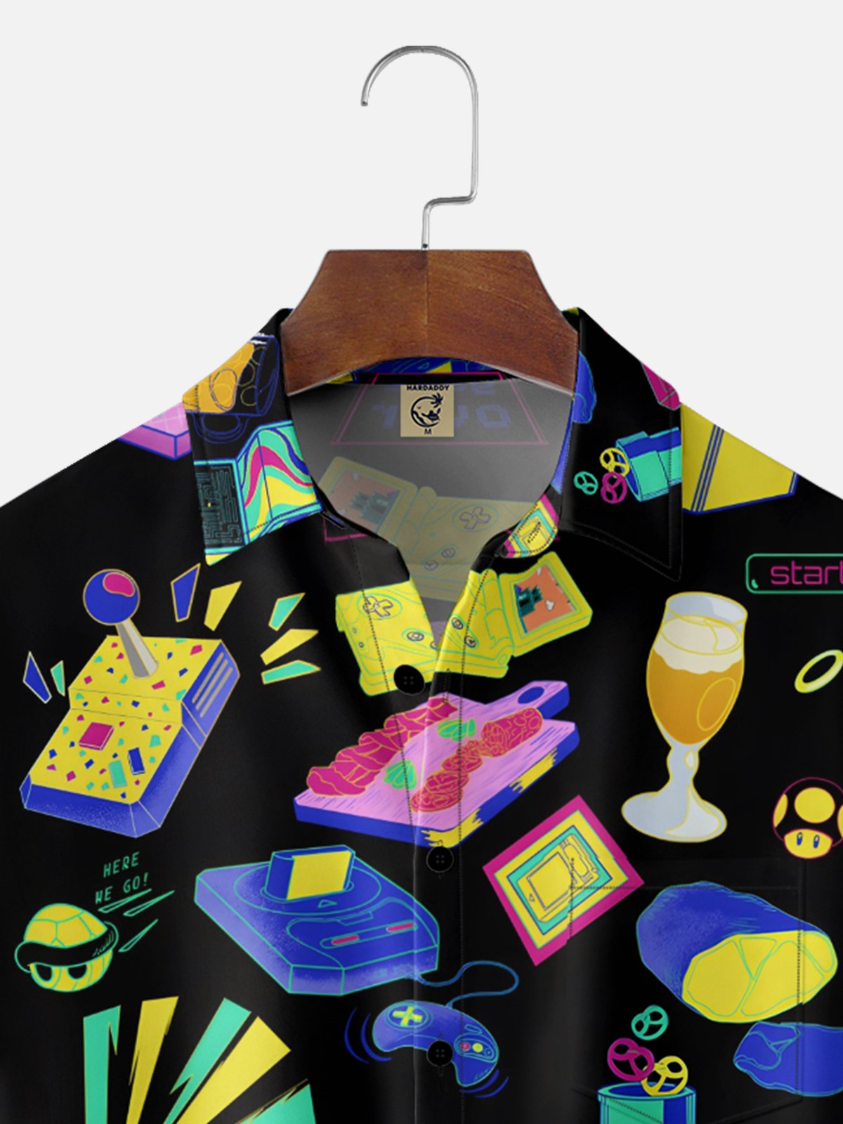 Moisture-wicking Retro Game Console Neon Chest Pocket Casual Shirt