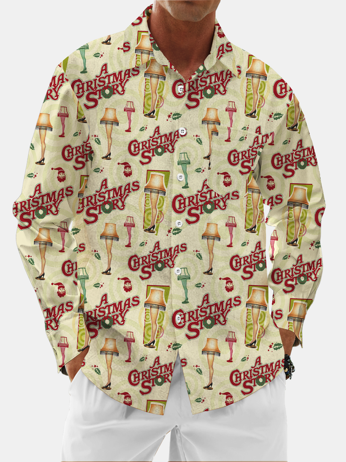 Moisture Wicking Christmas Leg Lights Chest Pocket Hawaiian Long Sleeve Shirt