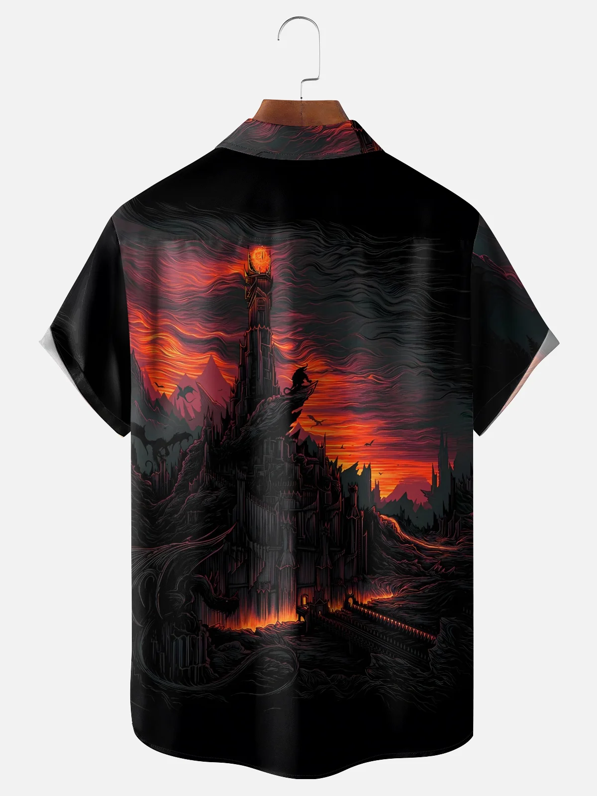 Moisture-wicking Fantasy Volcano Flame Darkness Chest Pocket Casual Shirt