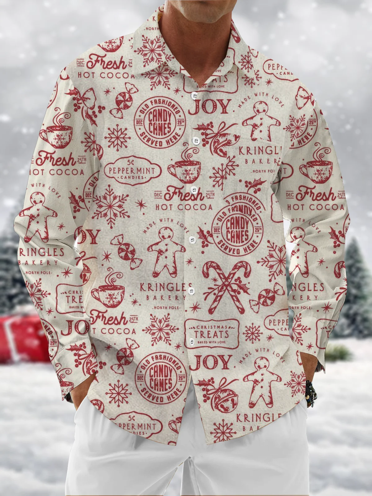 Moisture Wicking Christmas Candy Cane Gingerbread Man Hot Cocoa Chest Pocket Hawaiian Long Sleeve Shirt