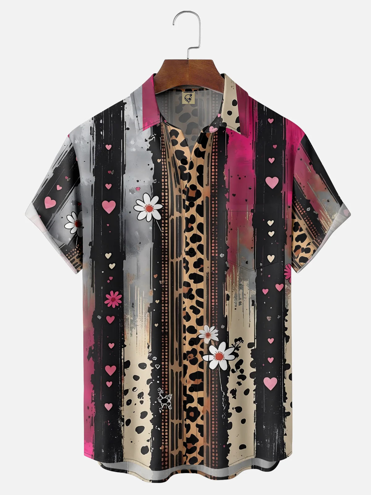 Moisture Wicking Striped Leopard Print Hawaiian Shirt with Chest Pocket