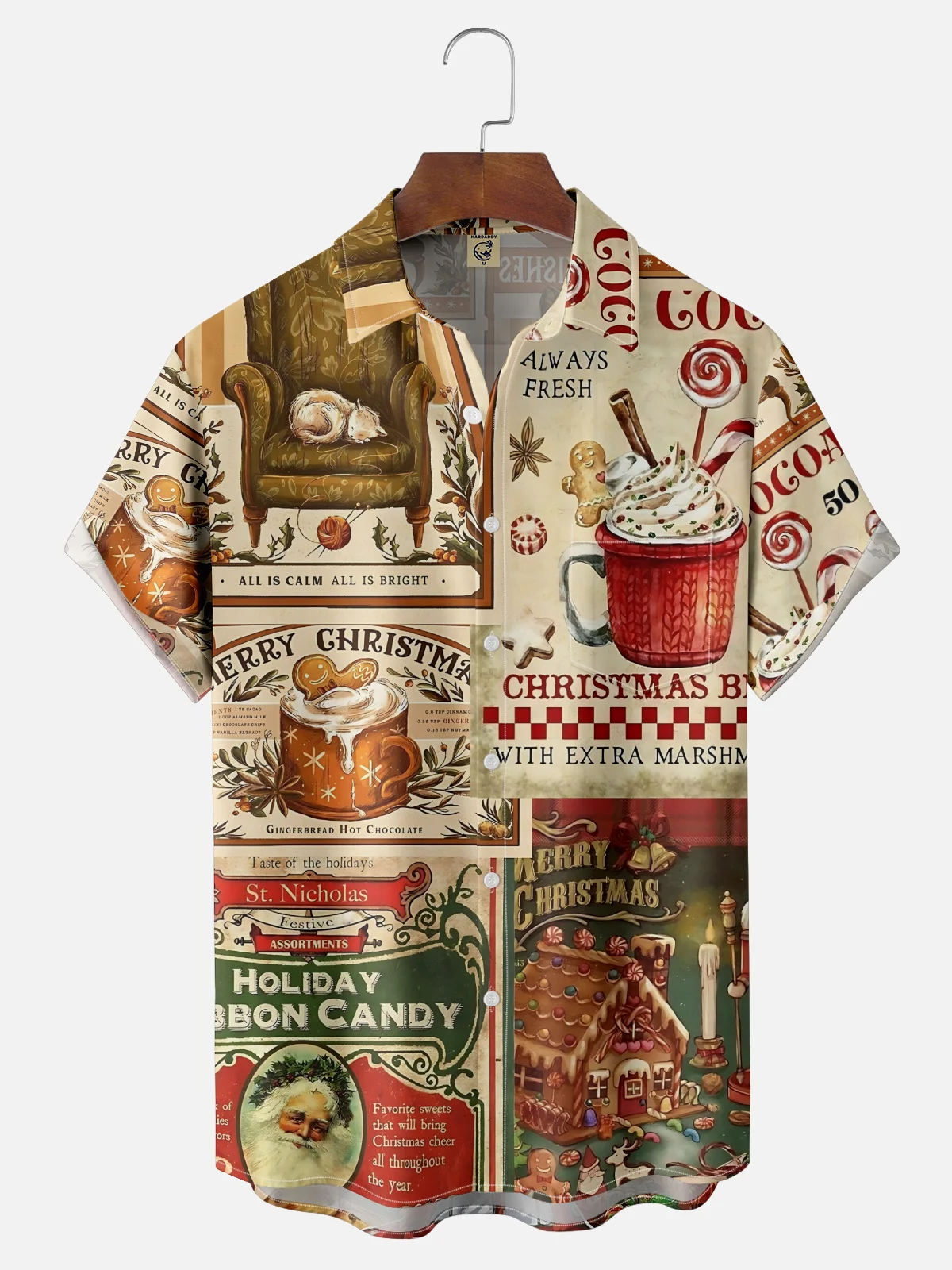 Moisture-wicking Christmas Santa Claus Retro Poster Chest Pocket Casual Shirt