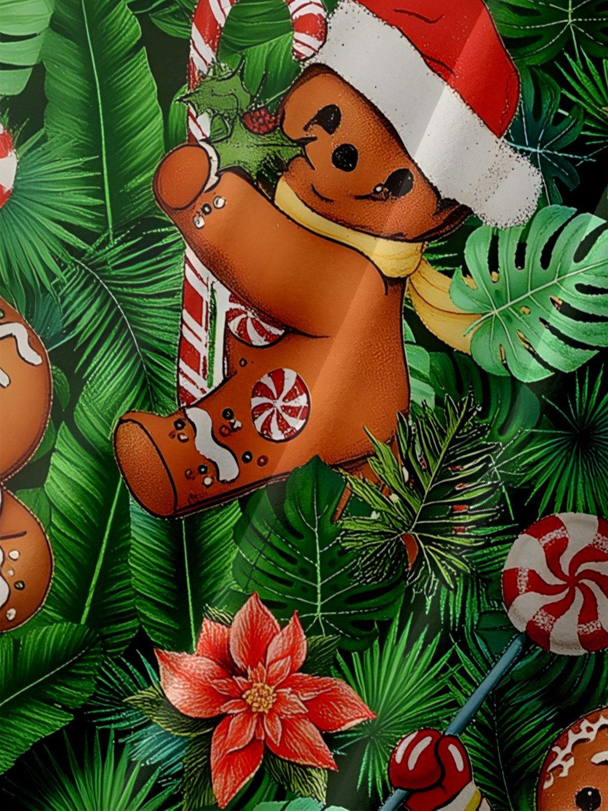 Moisture-wicking Christmas Gingerbread Man Palm Leaves Chest Pocket Casual Shirt