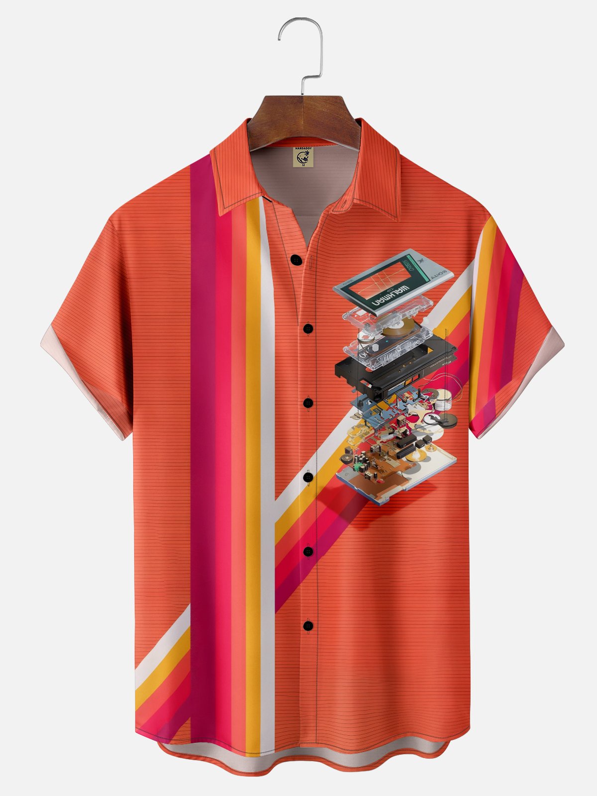 Moisture-wicking Retro Music Instrument Tapes Chest Pocket Bowling Shirt
