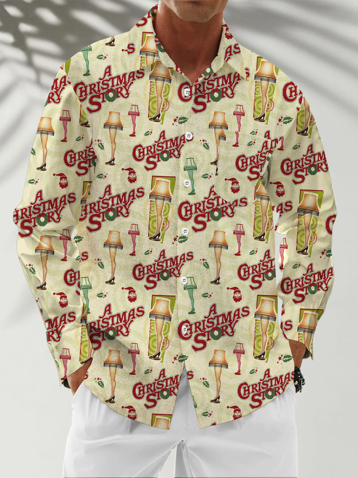 Moisture Wicking Christmas Leg Lights Chest Pocket Hawaiian Long Sleeve Shirt