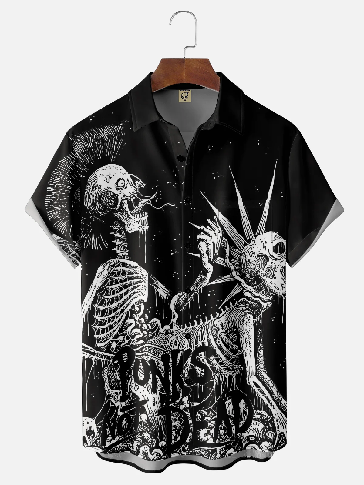 Moisture-wicking Music Festival Grunge Art Punk Skeleton Chest Pocket Casual Shirt