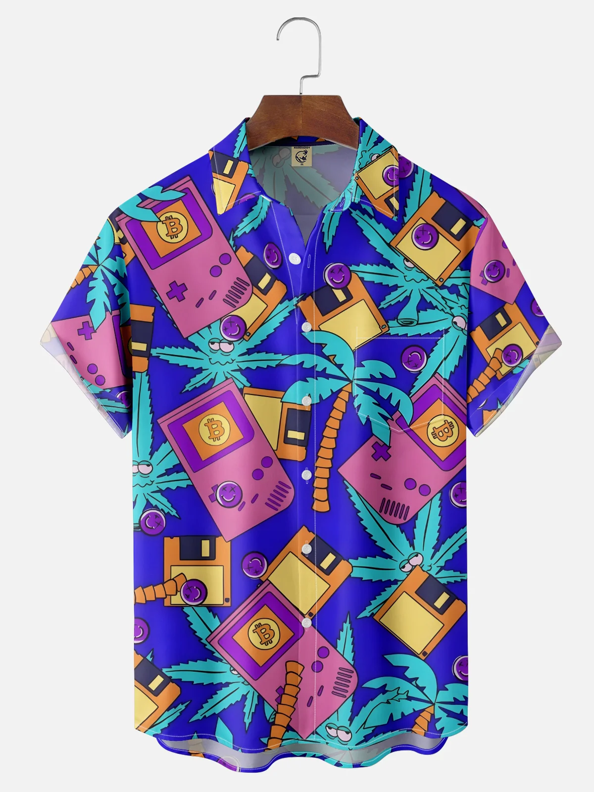 Moisture-wicking Retro Game Console Coconut Tree Chest Pocket Casual Shirt