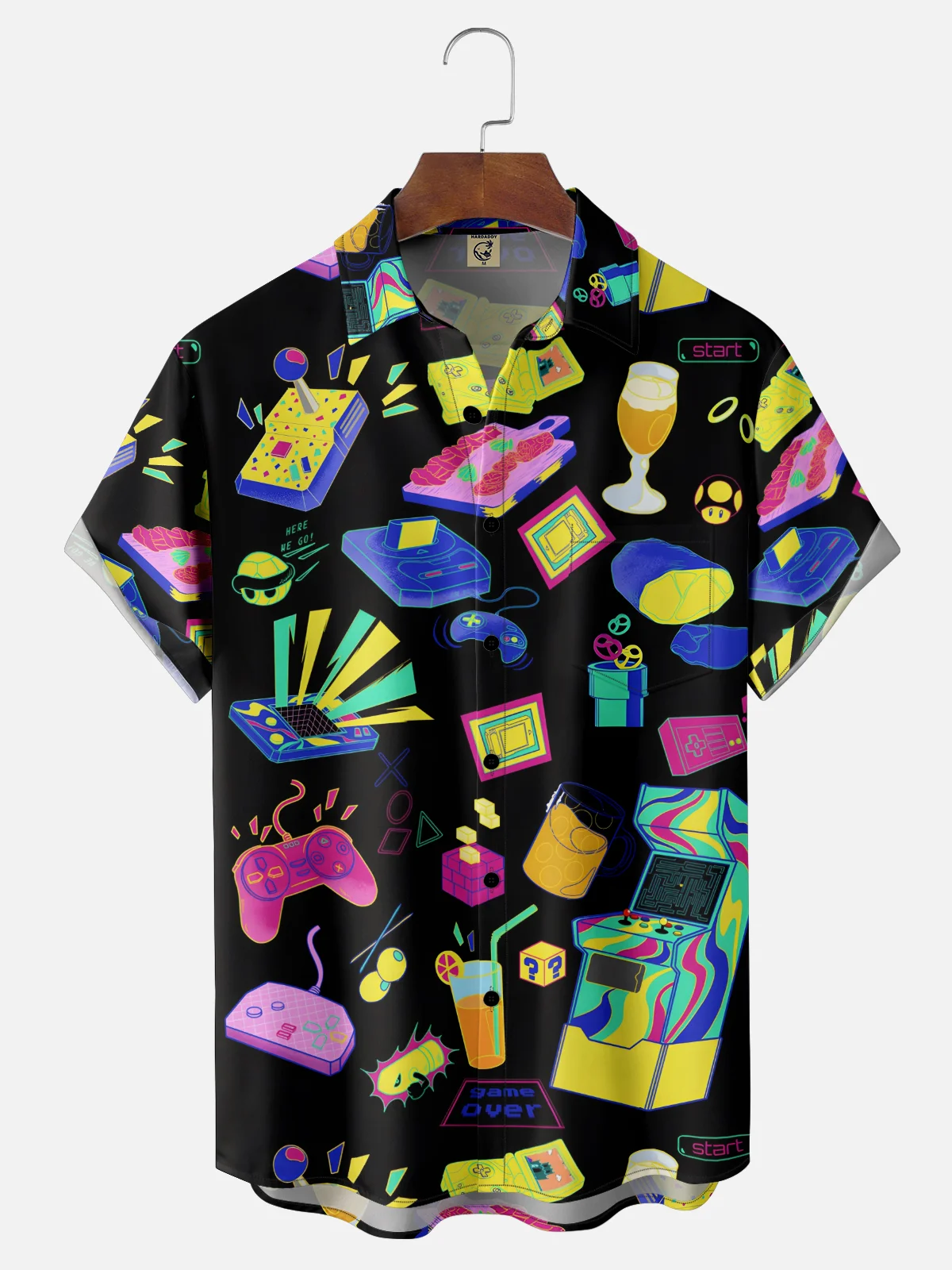 Moisture-wicking Retro Game Console Neon Chest Pocket Casual Shirt