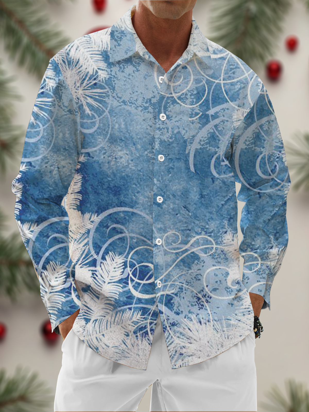 Moisture Wicking Snowflake Plant Chest Pocket Long Sleeved Shirt