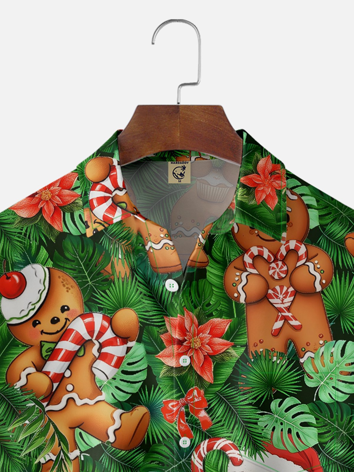 Moisture-wicking Christmas Gingerbread Man Palm Leaves Chest Pocket Casual Shirt