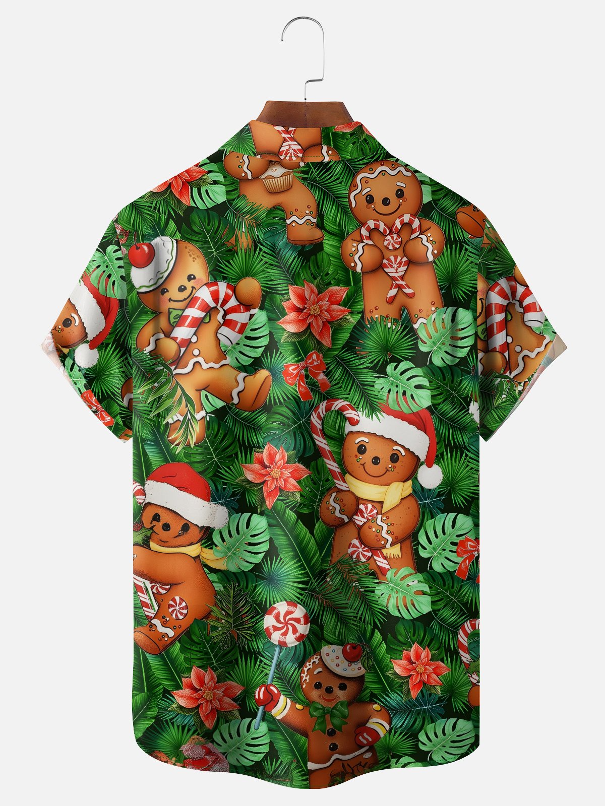 Moisture-wicking Christmas Gingerbread Man Palm Leaves Chest Pocket Casual Shirt