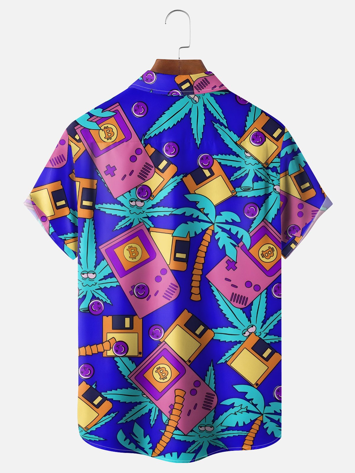Moisture-wicking Retro Game Console Coconut Tree Chest Pocket Casual Shirt