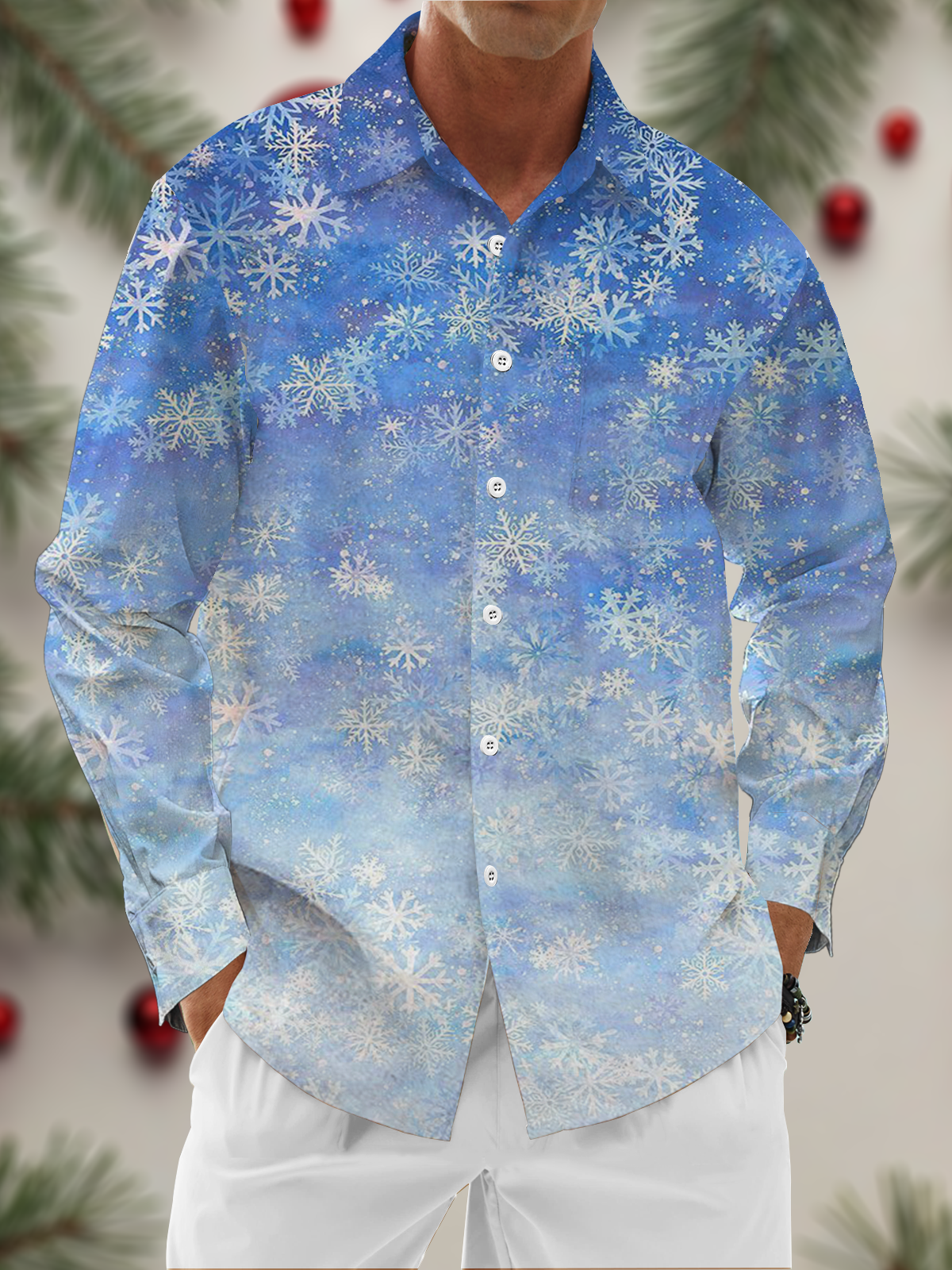 Moisture Wicking Christmas Snowflake Chest Pocket Hawaiian Long Sleeve Shirt