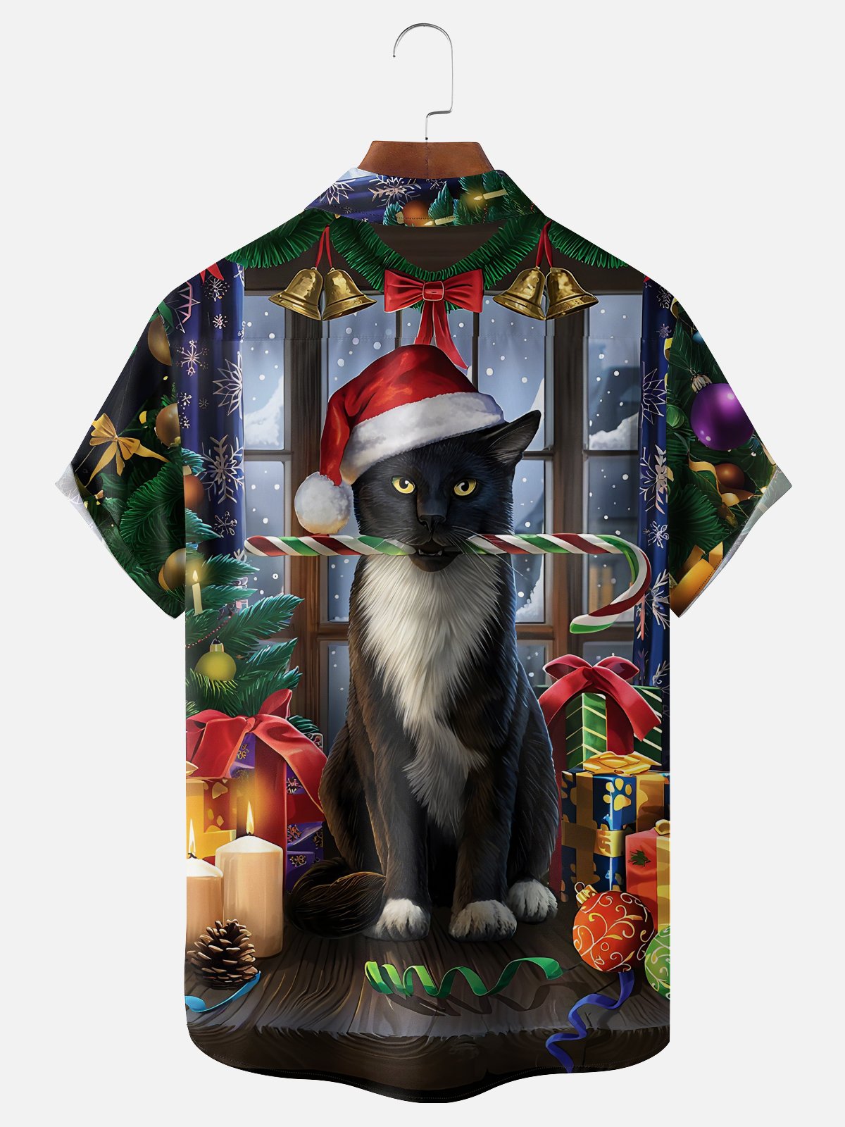 Moisture-wicking Christmas Cat Candy Cane Chest Pocket Casual Shirt