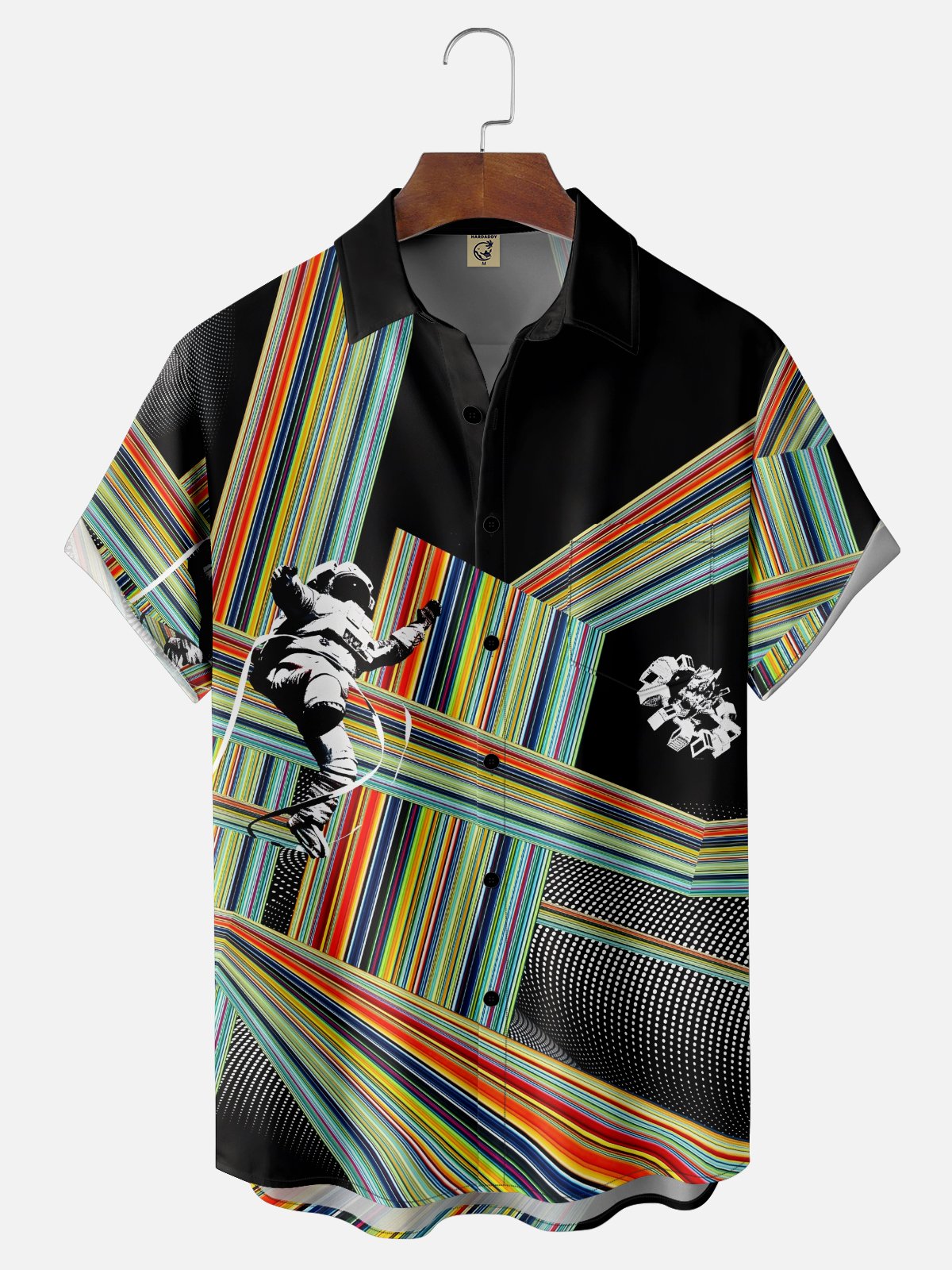 Moisture-wicking Universe Astronaut Geometric Stripes Chest Pocket Casual Shirt