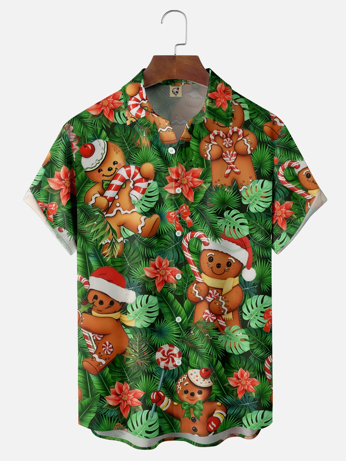 Moisture-wicking Christmas Gingerbread Man Palm Leaves Chest Pocket Casual Shirt