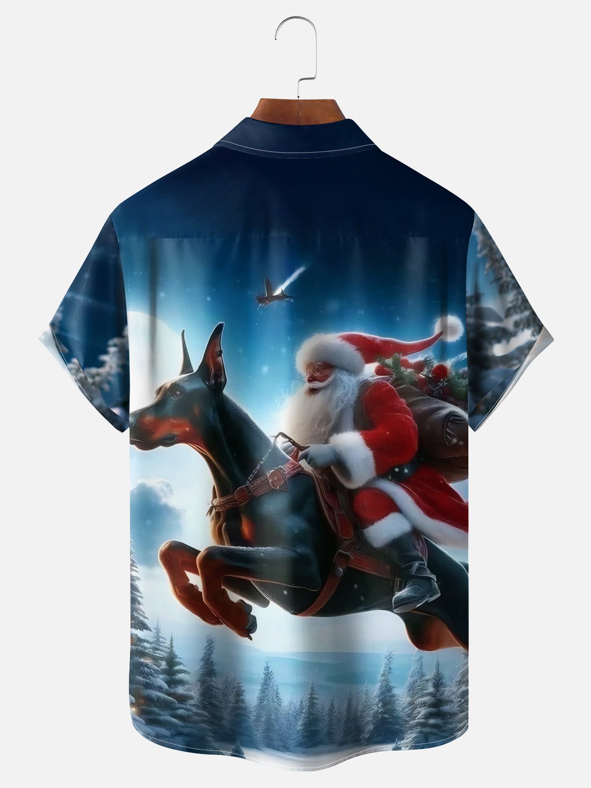 Moisture-wicking Christmas Santa Claus Riding A Dog Art Fun Chest Pocket Casual Shirt