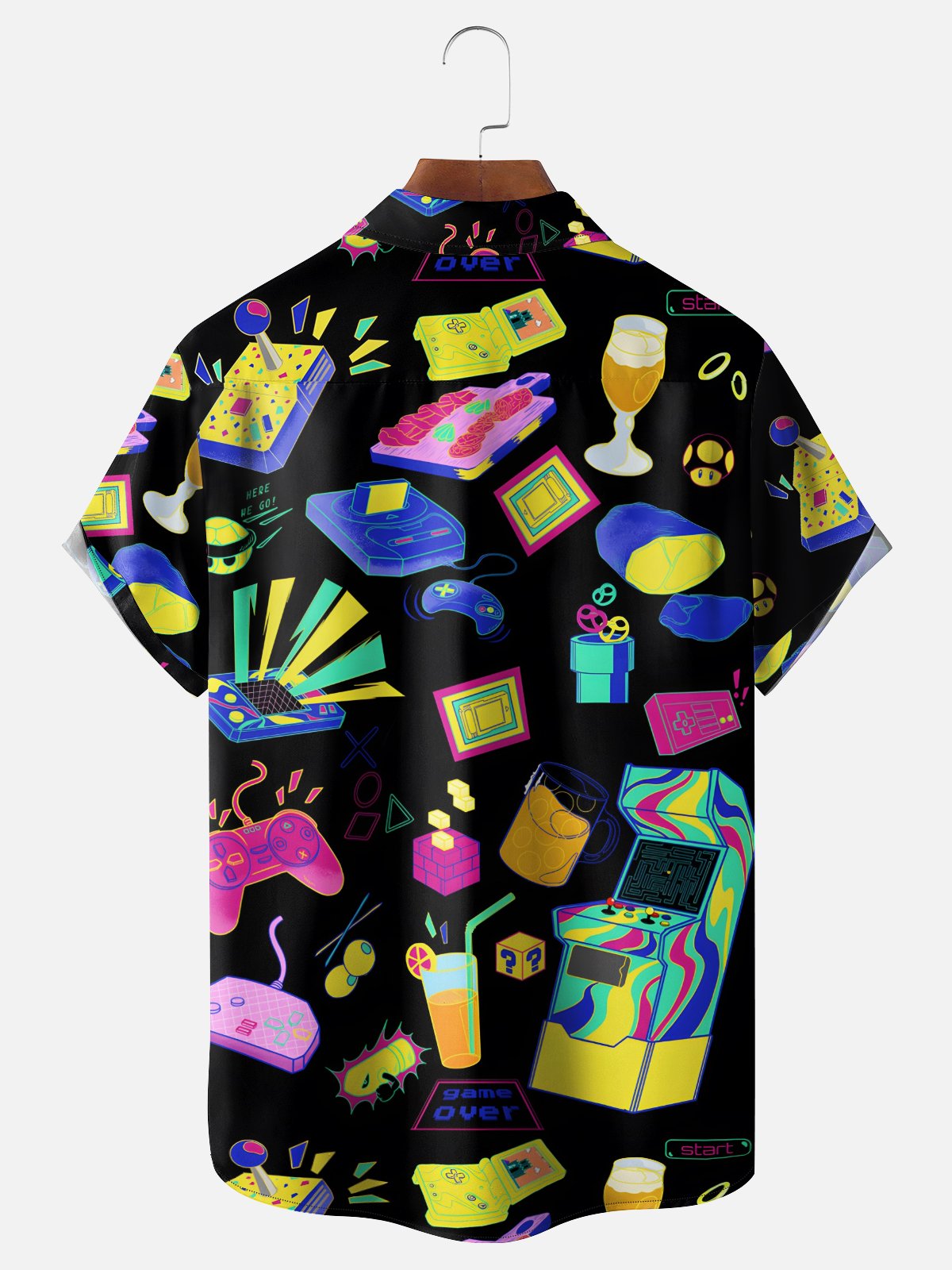 Moisture-wicking Retro Game Console Neon Chest Pocket Casual Shirt