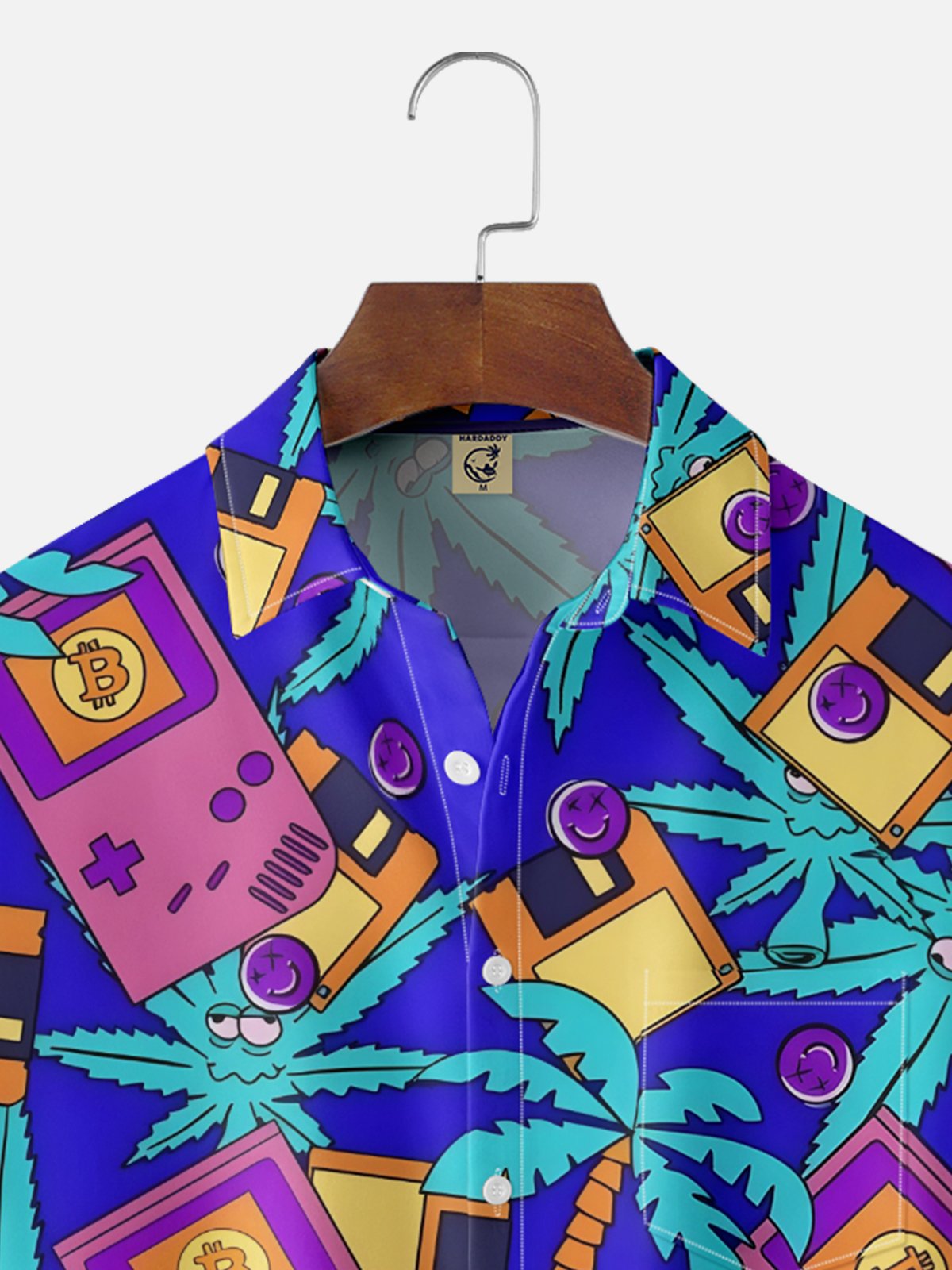 Moisture-wicking Retro Game Console Coconut Tree Chest Pocket Casual Shirt
