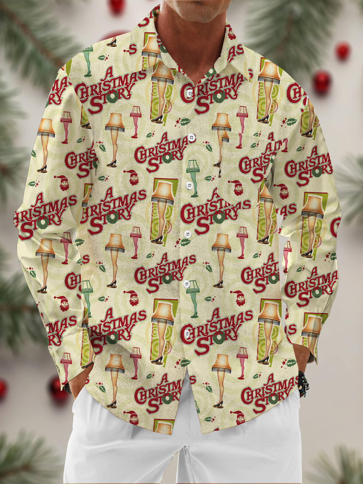 Moisture Wicking Christmas Leg Lights Chest Pocket Hawaiian Long Sleeve Shirt