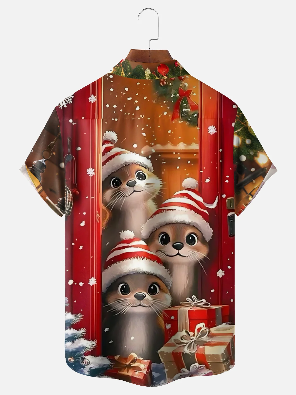 Moisture-Wicking Christmas Hat Otter Chest Pocket Hawaiian Shirt