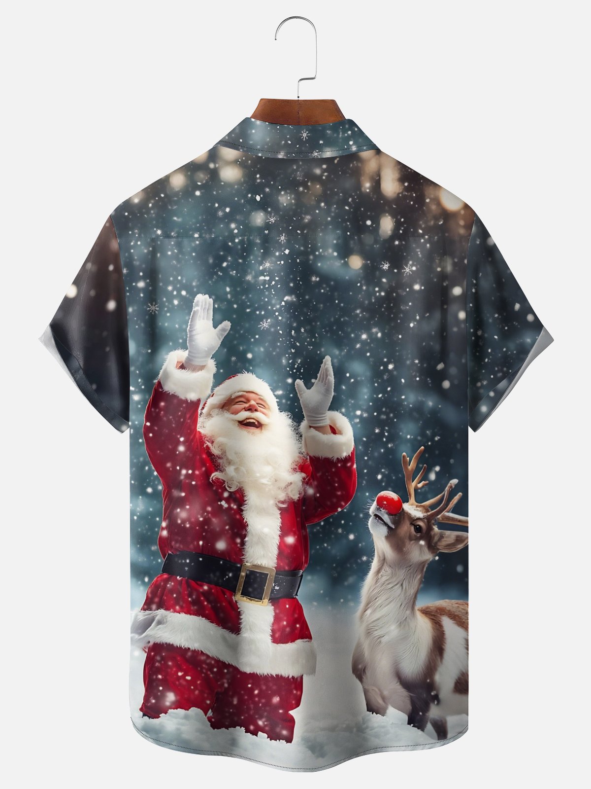 Moisture-Wicking Snowflake Santa Claus Reindeer Chest Pocket Hawaiian Shirt