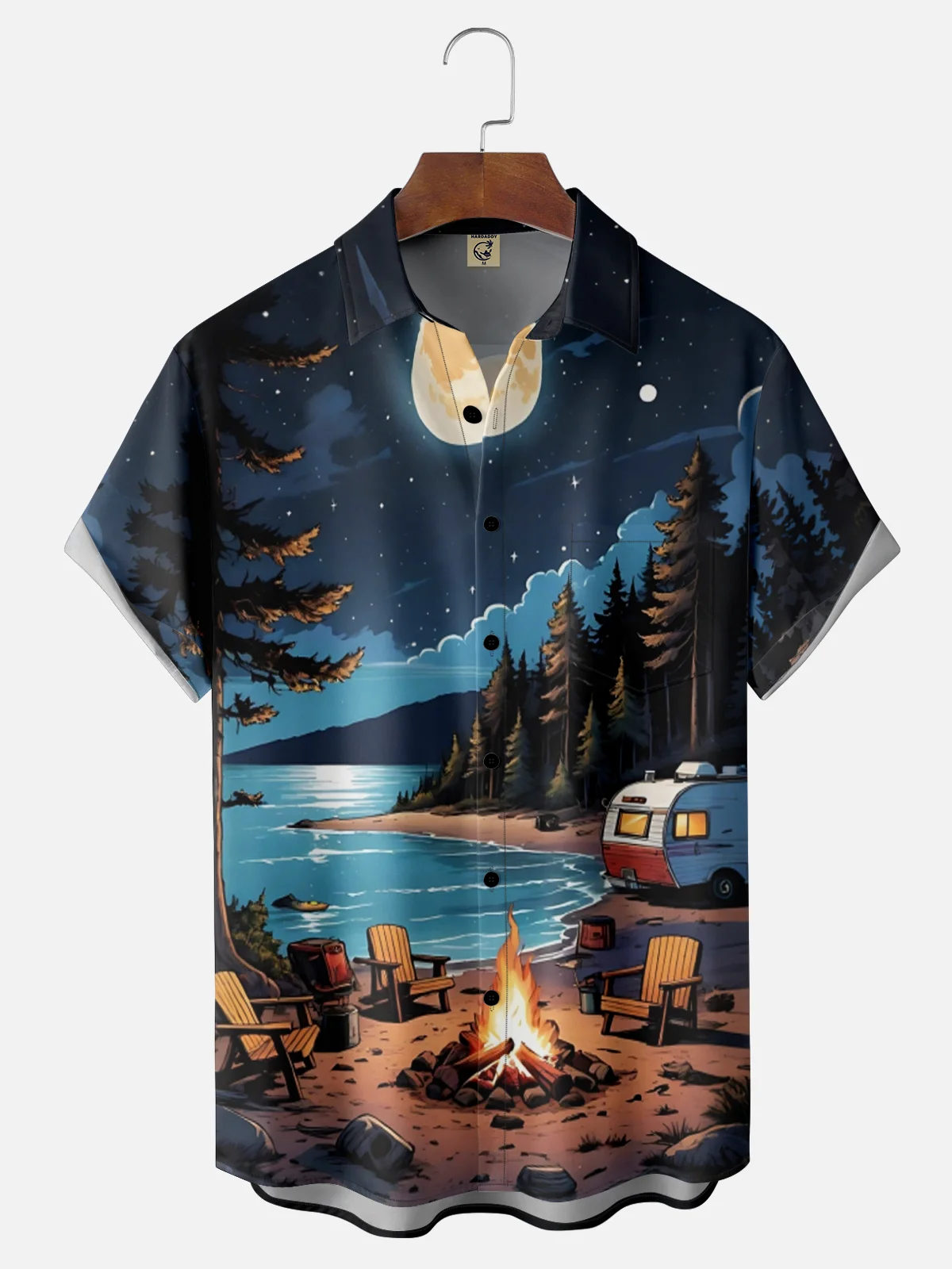 Moisture Wicking Outdoor Beach Scene Camper Campfire Chest Pocket Hawaiian Shirt
