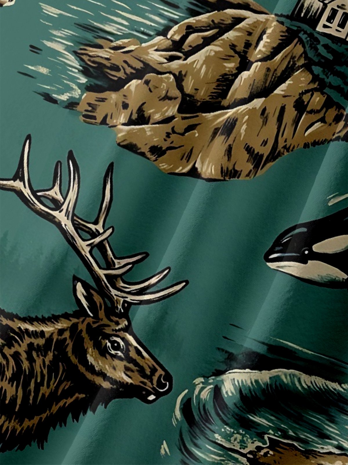 Moisture-Wicking Outdoor Deer Whale Seal Beach Chest Pocket Hawaiian Shirt