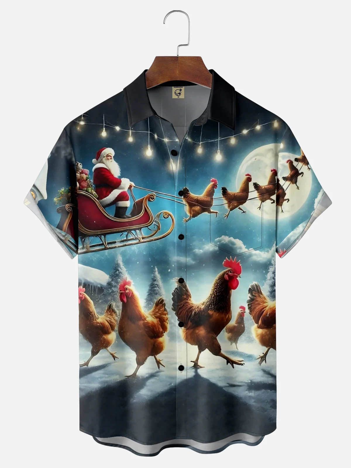 Moisture Wicking Christmas Santa Claus Fun Chicken Chest Pocket Hawaiian Shirt