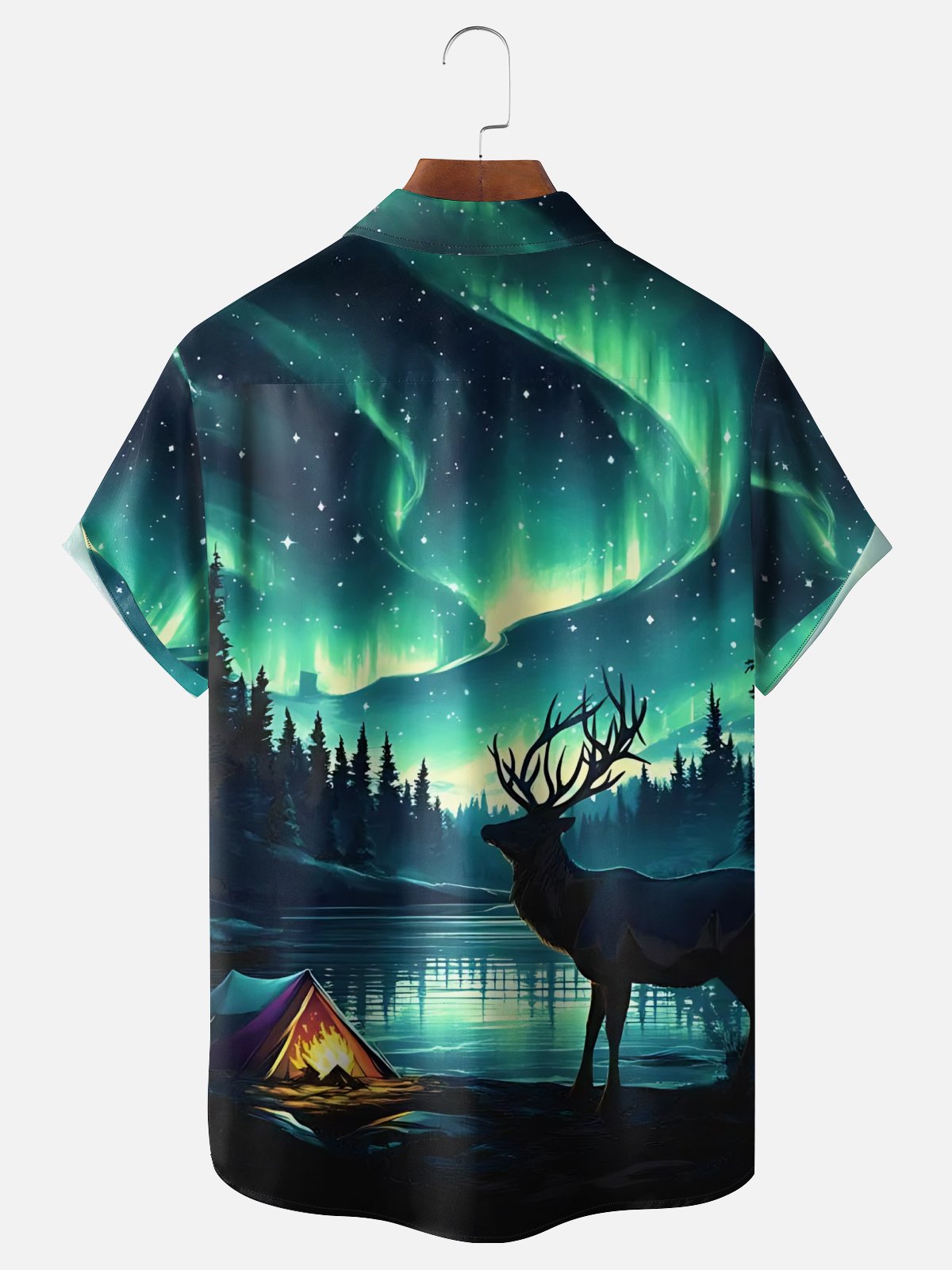 Moisture-Wicking Outdoor Ombre Lakeside Bonfire Deer Chest Pocket Hawaiian Shirt