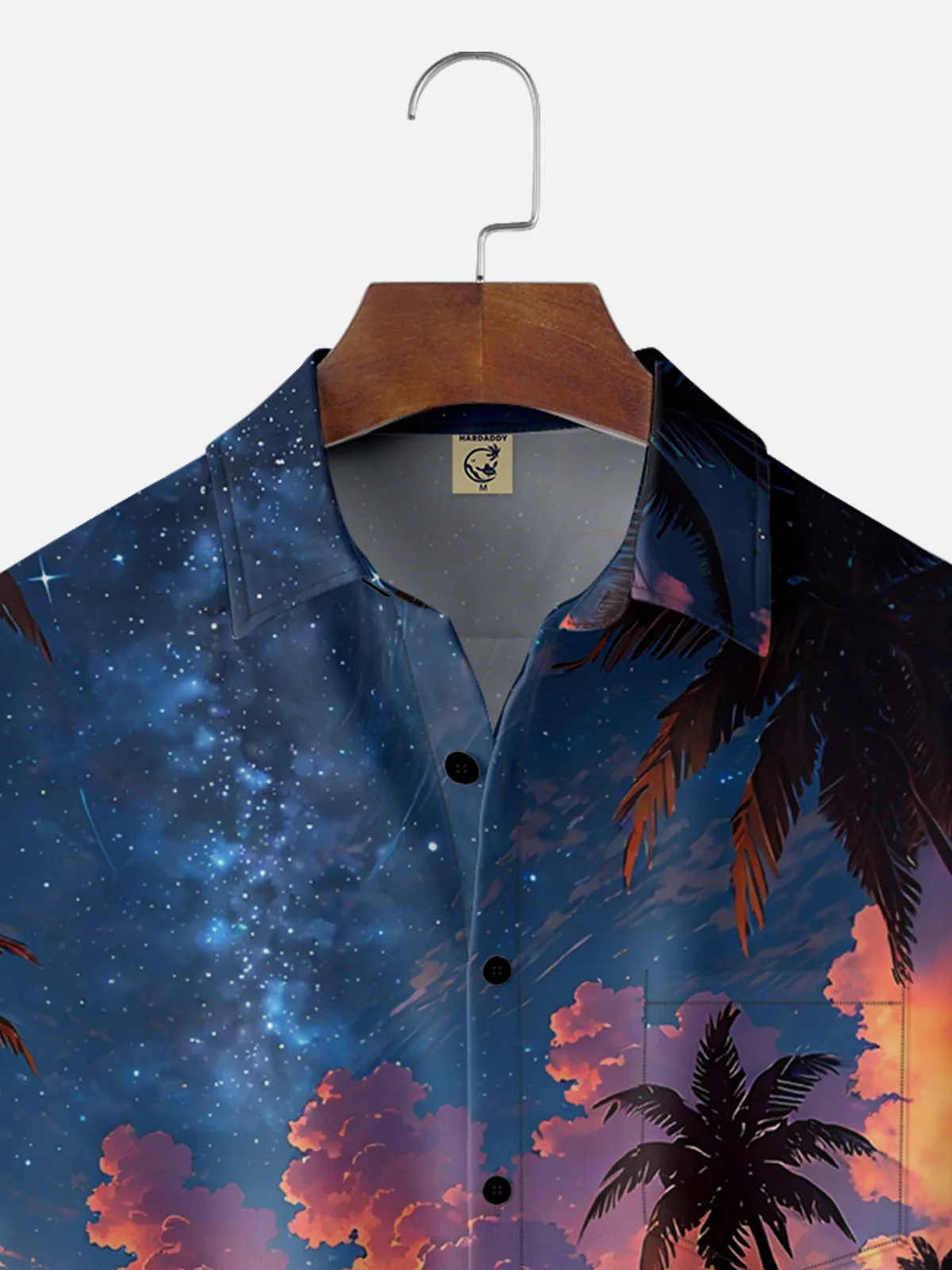 Moisture-Wicking Outdoor Gradient Color Seaside Scene Camper Bonfire Coconut Tree Chest Pocket Hawaiian Shirt