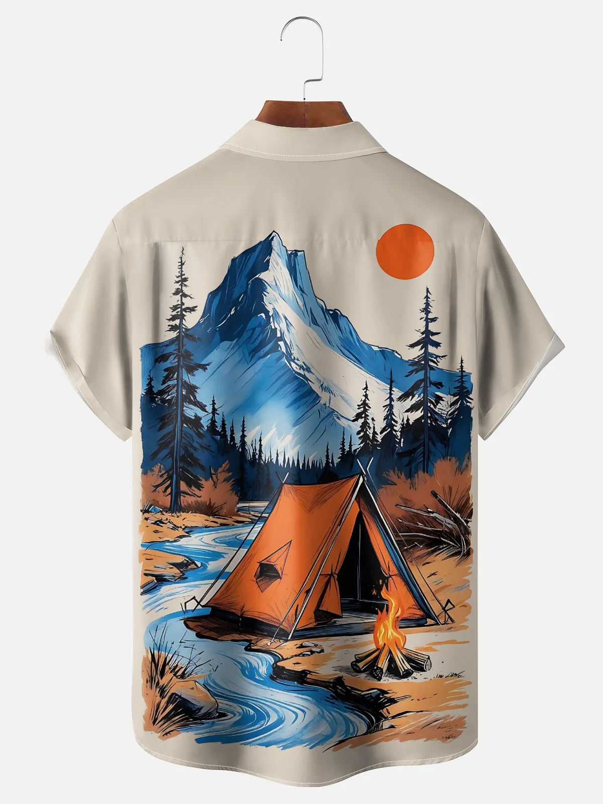 Moisture-Wicking Outdoor Iakeside Mountain Tent Campfire Chest Pocket Hawaiian Shirt