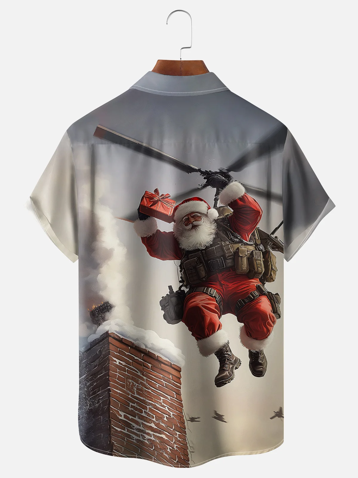 Moisture Wicking Santa Claus Arrives from Helicopter Hawaiian Shirt with Chest Pocket