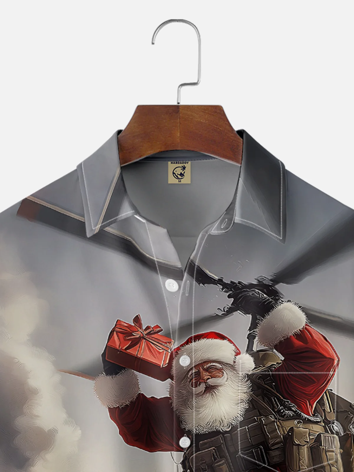 Moisture Wicking Santa Claus Arrives from Helicopter Hawaiian Shirt with Chest Pocket