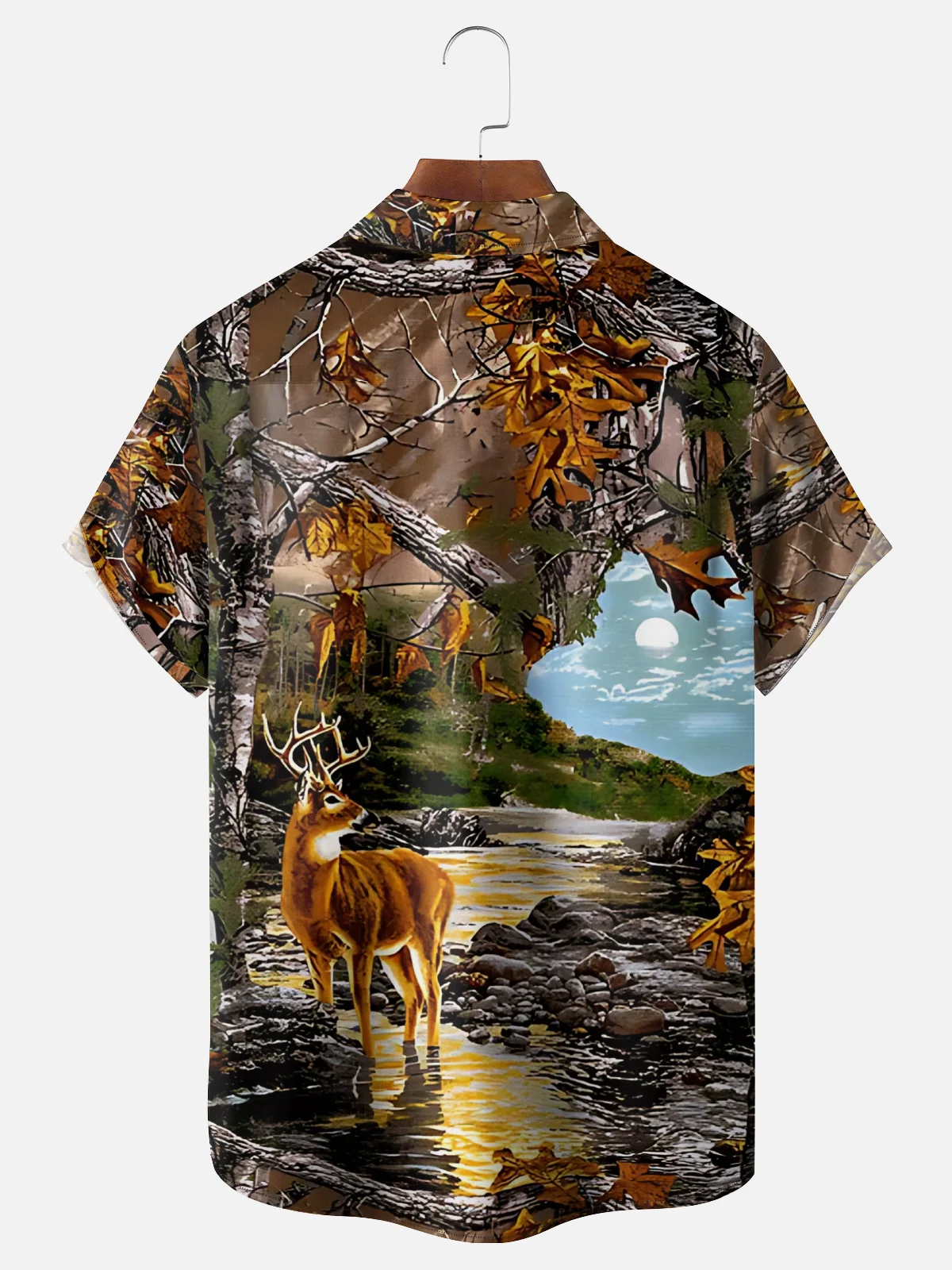 Moisture-Wicking Outdoor Hunting Deer Forest Scenery Chest Pocket Hawaiian Shirt