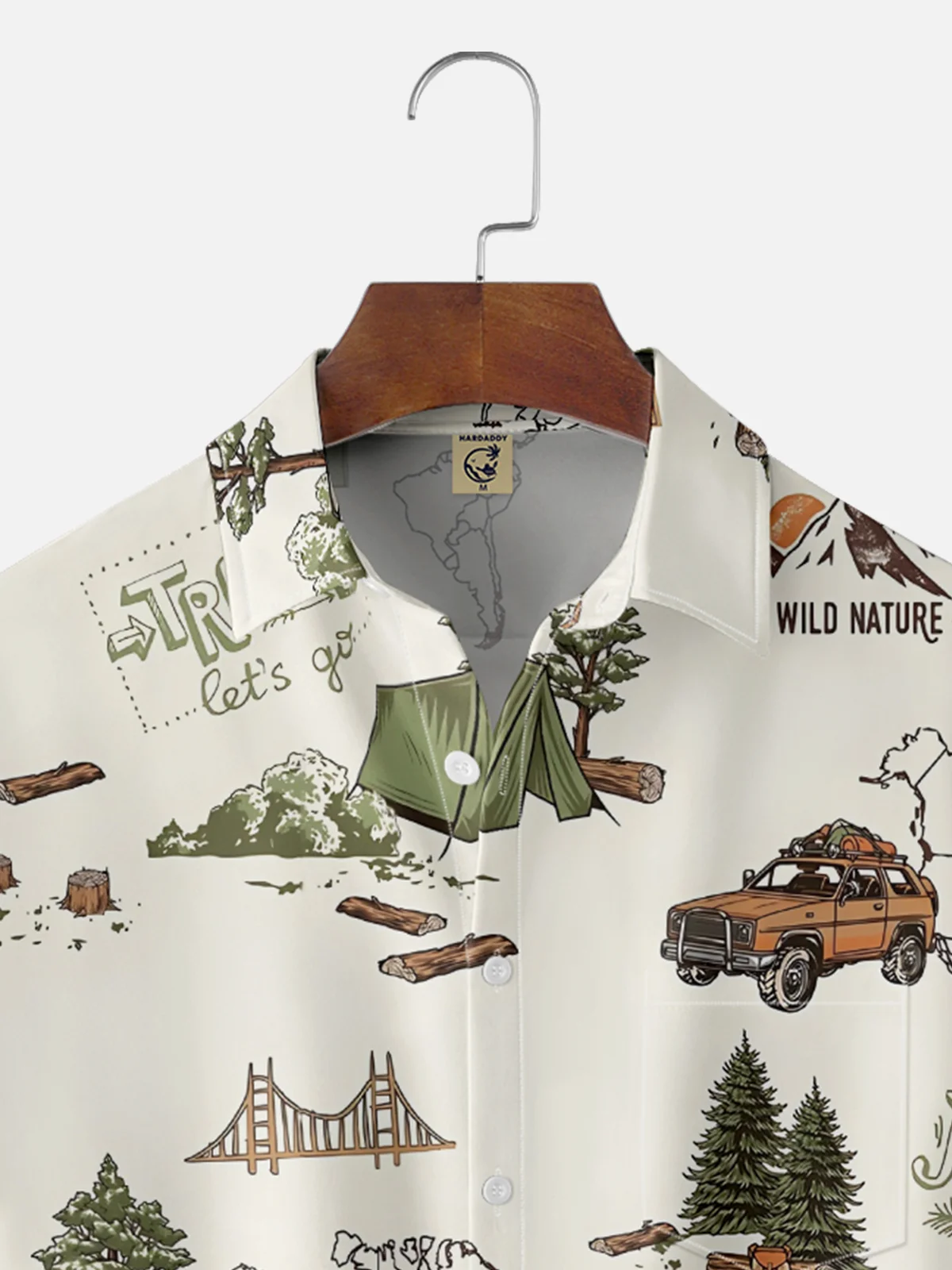 Moisture-Wicking Outdoor Camper Tent Tree Map Chest Pocket Hawaiian Shirt