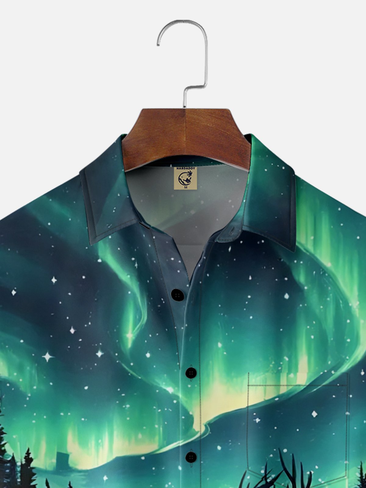 Moisture-Wicking Outdoor Ombre Lakeside Bonfire Deer Chest Pocket Hawaiian Shirt
