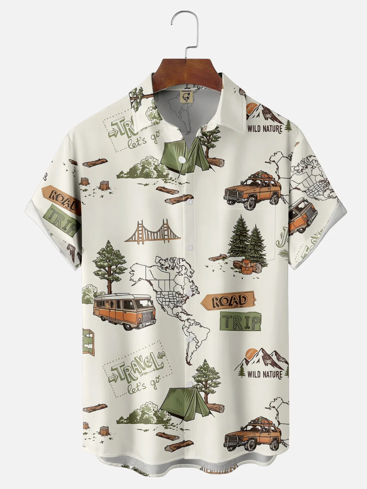 Moisture-Wicking Outdoor Camper Tent Tree Map Chest Pocket Hawaiian Shirt