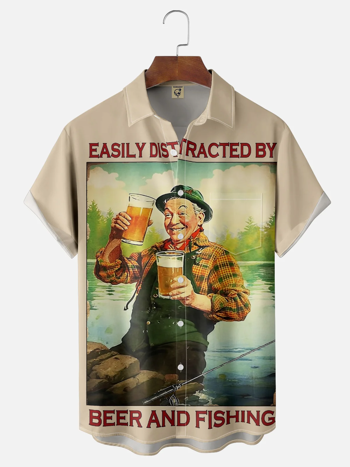 Moisture wicking Outdoor Beer Drinking Fishing Old Man Poster Chest Pocket Hawaiian Shirt