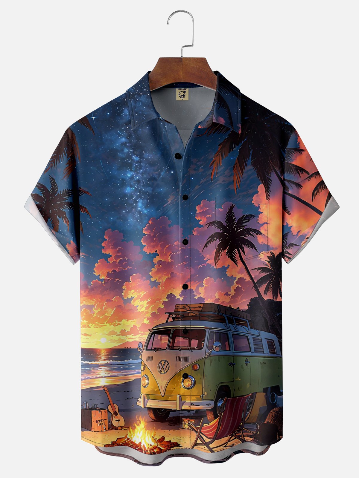Moisture-Wicking Outdoor Gradient Color Seaside Scene Camper Bonfire Coconut Tree Chest Pocket Hawaiian Shirt