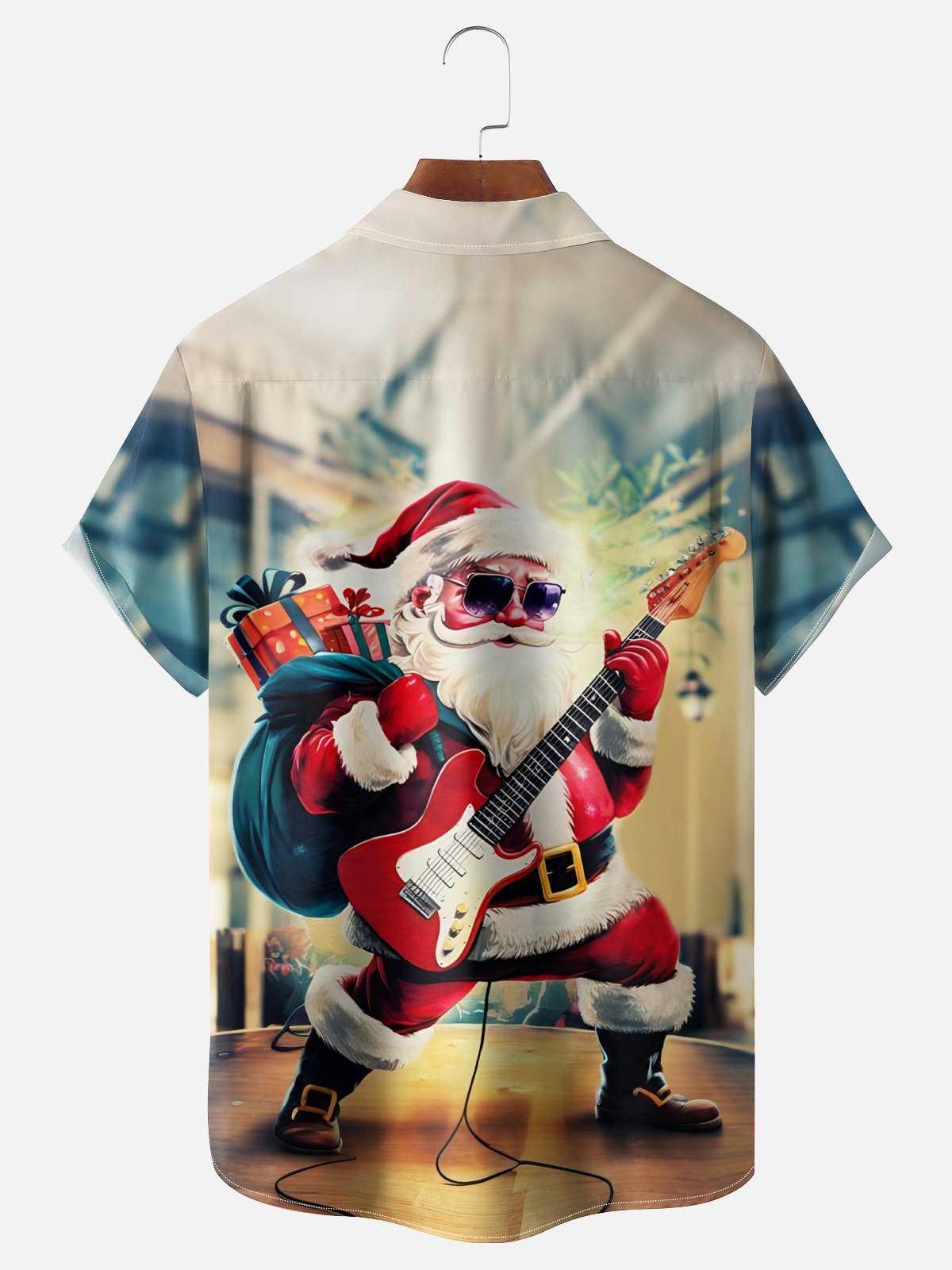 Moisture-wicking Rock Roll Santa Claus Guitar Chest Pocket Hawaiian Shirt